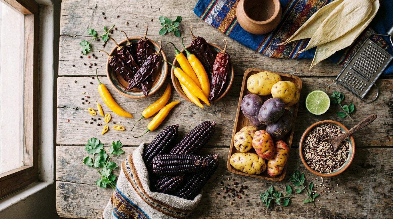 Ingrédients traditionnels des Andes: ajís, maïs violet et pommes de terre d'altitude