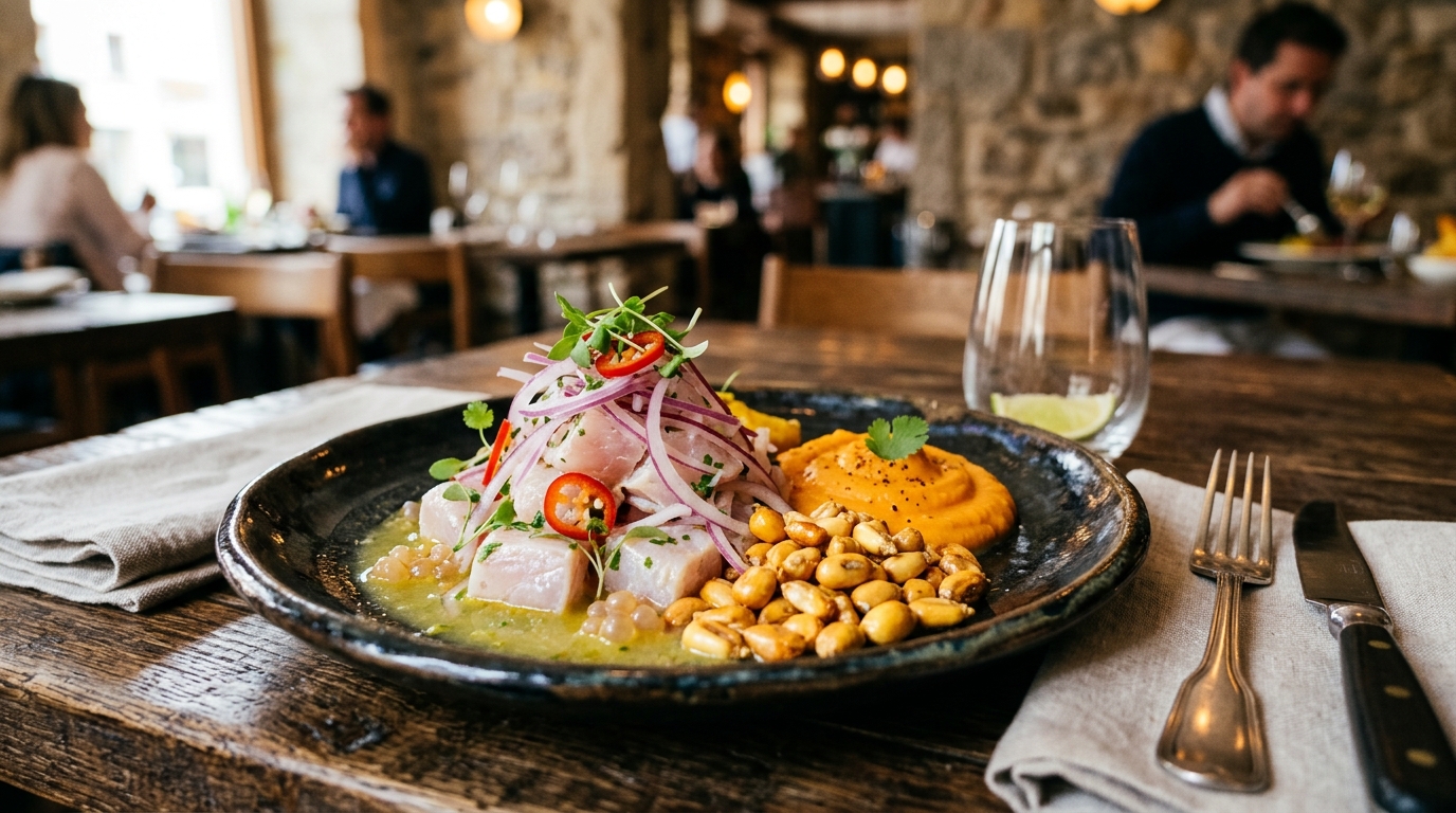 Ceviche traditionnel de bar et ají limo servi dans une assiette en céramique sombre